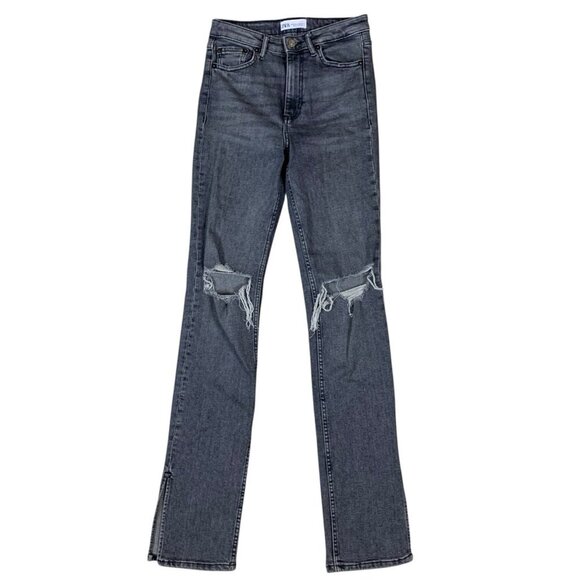 Zara High Rise Ripped Gray Skinny Jeans Distressed Stretch Denim 4 - Picture 1 of 7